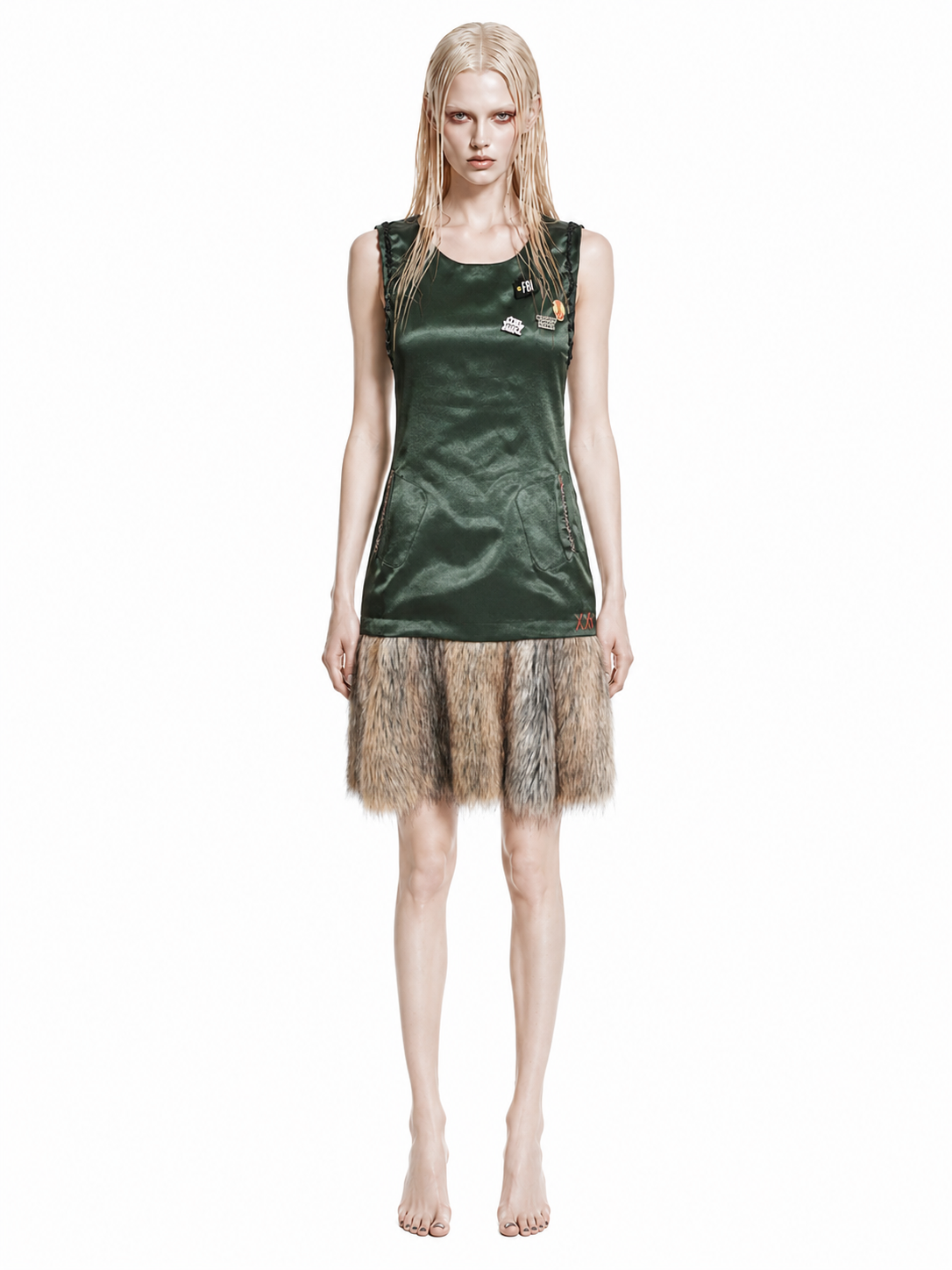 Military Green Satin &amp; Faux Fur Dress