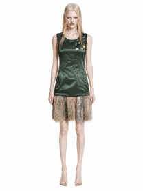 Military Green Satin &amp; Faux Fur Dress