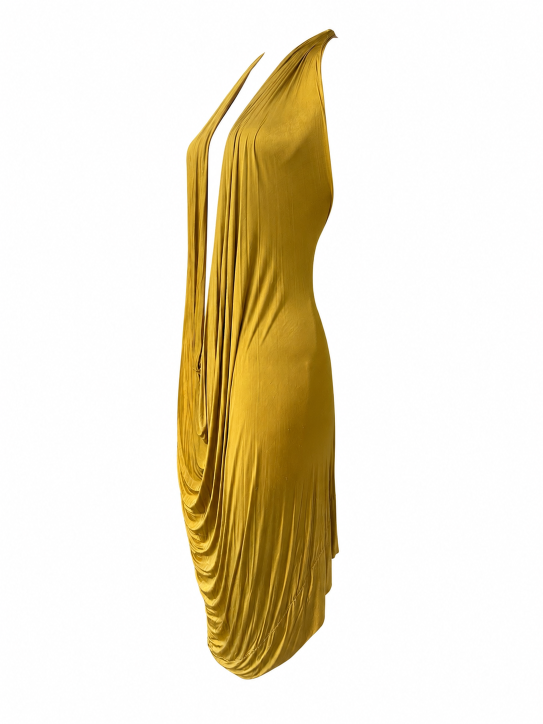 Robe en jersey de soie de luxe drapée jaune + bonnet foulard en jersey vert et cuir de soie