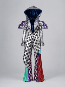 LOOK 7： Quantum Monarch (COSMIC CHEMIRA Metallic Leather Hooded Couture Jacket &amp; Wide Leg Trousers Set)