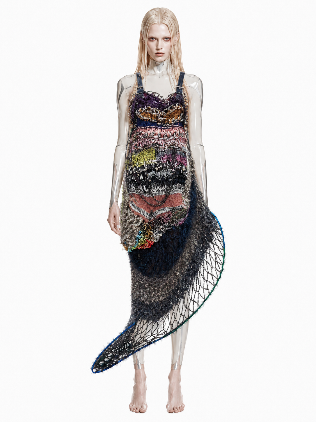Look 4: Netborn Oracle (One-of-One Hand-Knitted Metal Chain Sculptural Boning Dress)