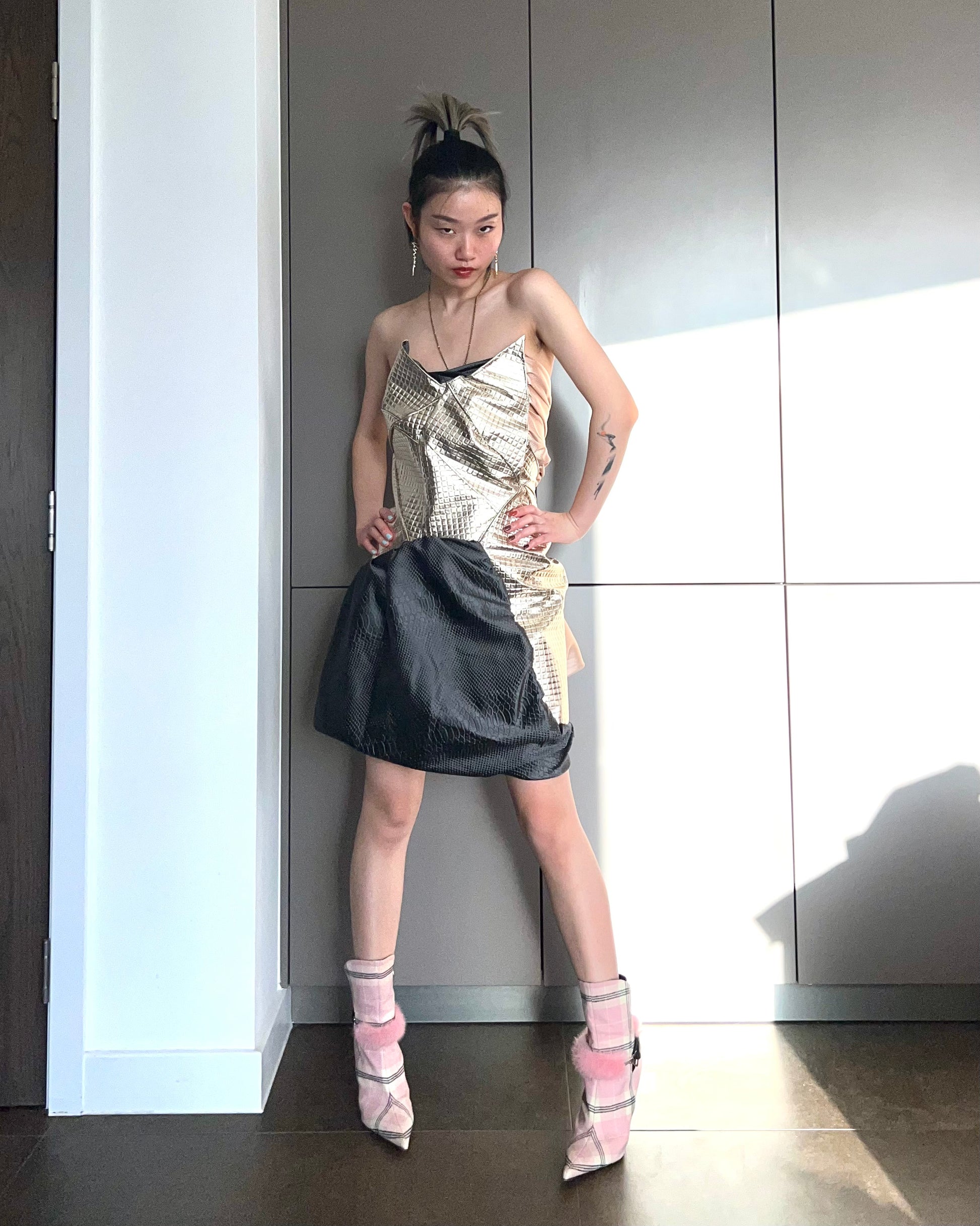 Geometric Metallic Draped Mini Dress