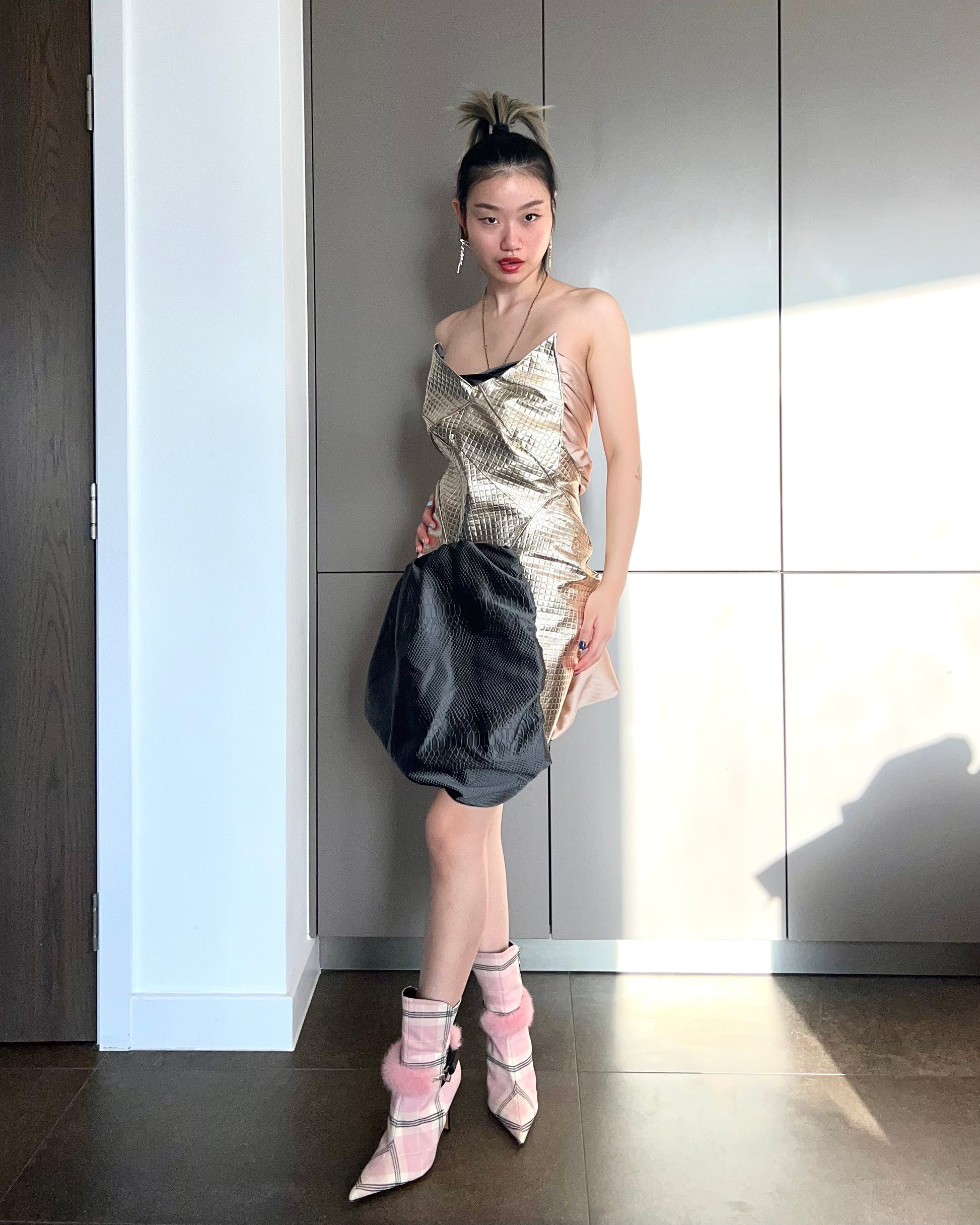 Geometric Metallic Draped Mini Dress