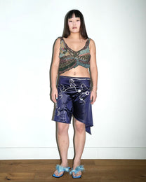 Embroidered Sequin &amp; Ceramic Button Asymmetric Shorts