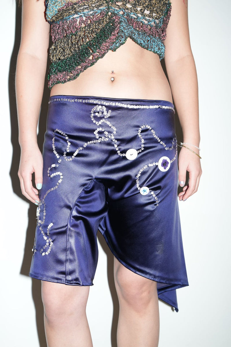 Embroidered Sequin & Ceramic Button Asymmetric Shorts