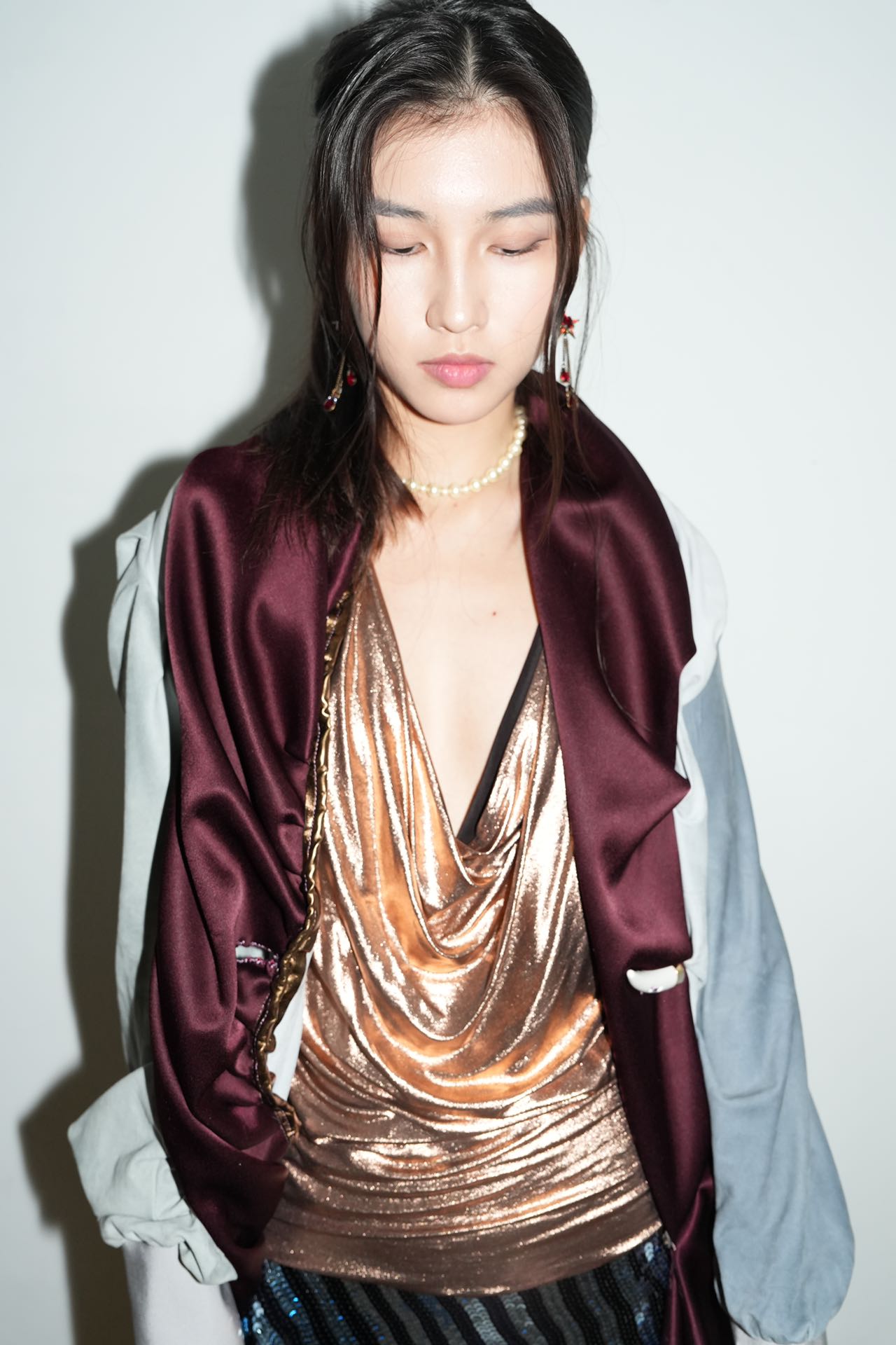 Burgundy Satin &amp; Suede Draped Coat