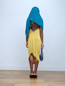 Gold Draped Silk Jersey Dress &amp; Metallic-Edged Hooded Cape Set
