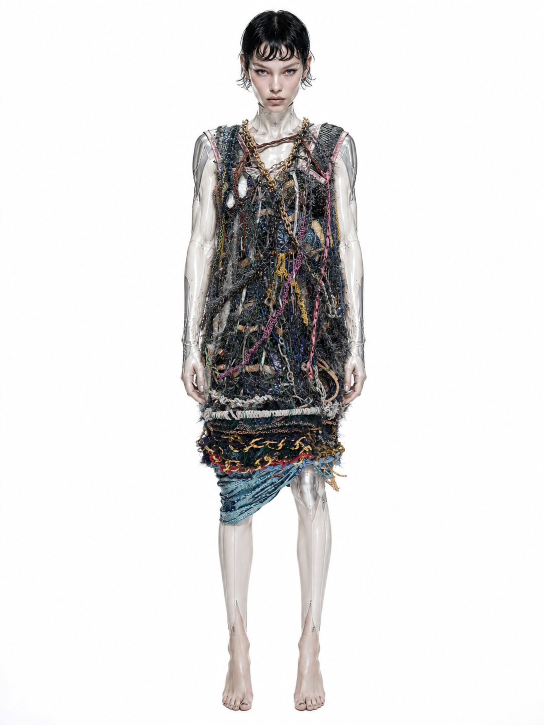 Look 1: Starforged Carapace (One-of-One Hand-Crocheted Metal Mixed-Media Couture Dress)