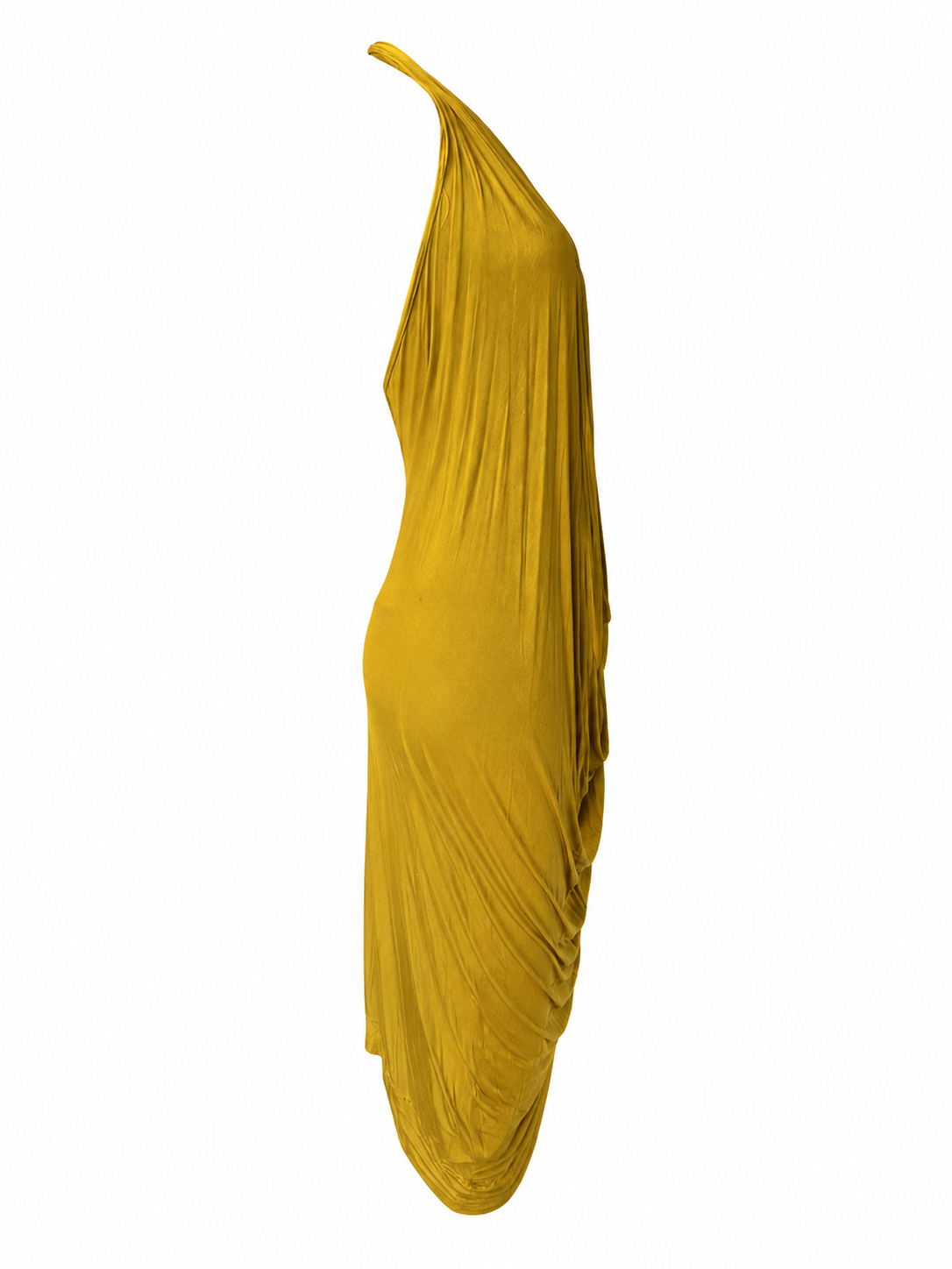 Robe en jersey de soie de luxe drapée jaune + bonnet foulard en jersey vert et cuir de soie