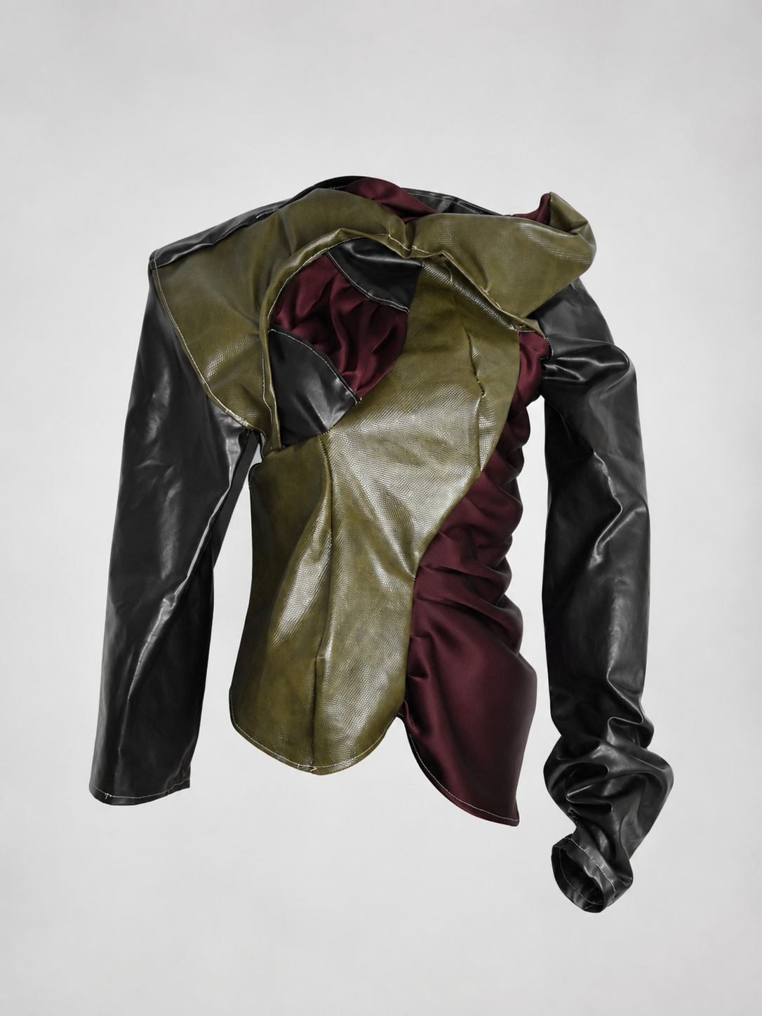 Asymmetric Draped Faux Leather &amp; Satin Sculptural Jacket