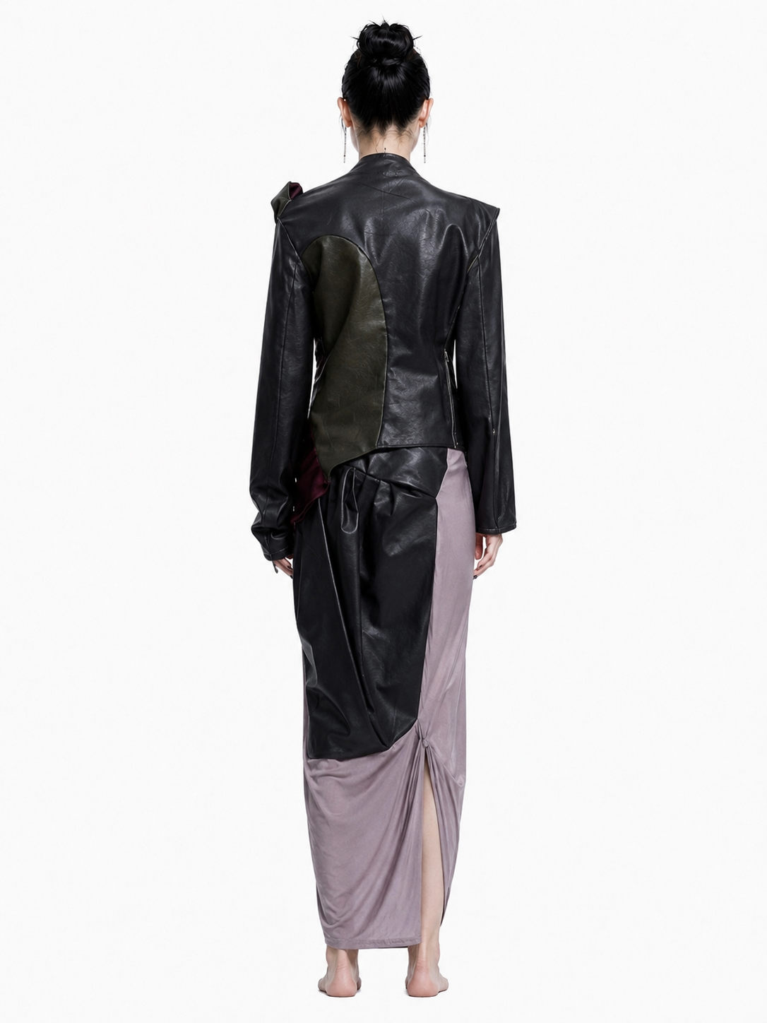 Asymmetric Draped Faux Leather &amp; Satin Sculptural Jacket