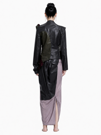 Asymmetric Draped Faux Leather &amp; Satin Sculptural Jacket