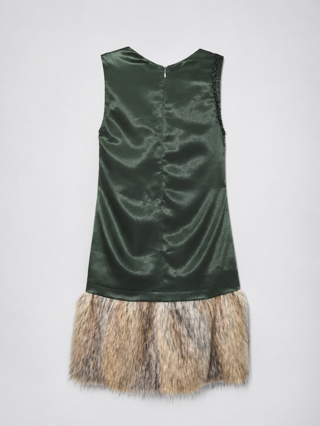 Military Green Satin &amp; Faux Fur Dress