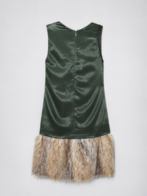 Military Green Satin &amp; Faux Fur Dress