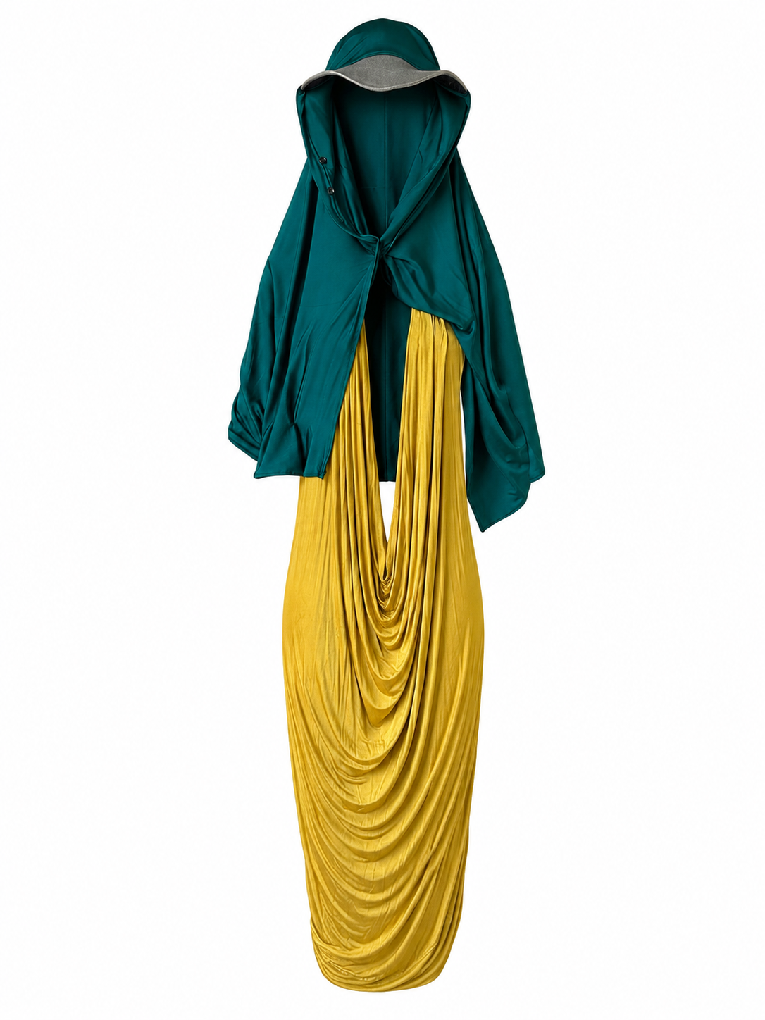 Robe en jersey de soie de luxe drapée jaune + bonnet foulard en jersey vert et cuir de soie