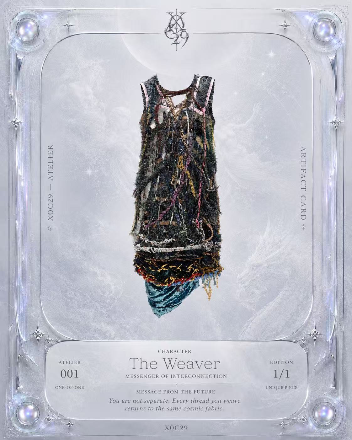 Look 1: Starforged Carapace (One-of-One Hand-Crocheted Metal Mixed-Media Couture Dress)