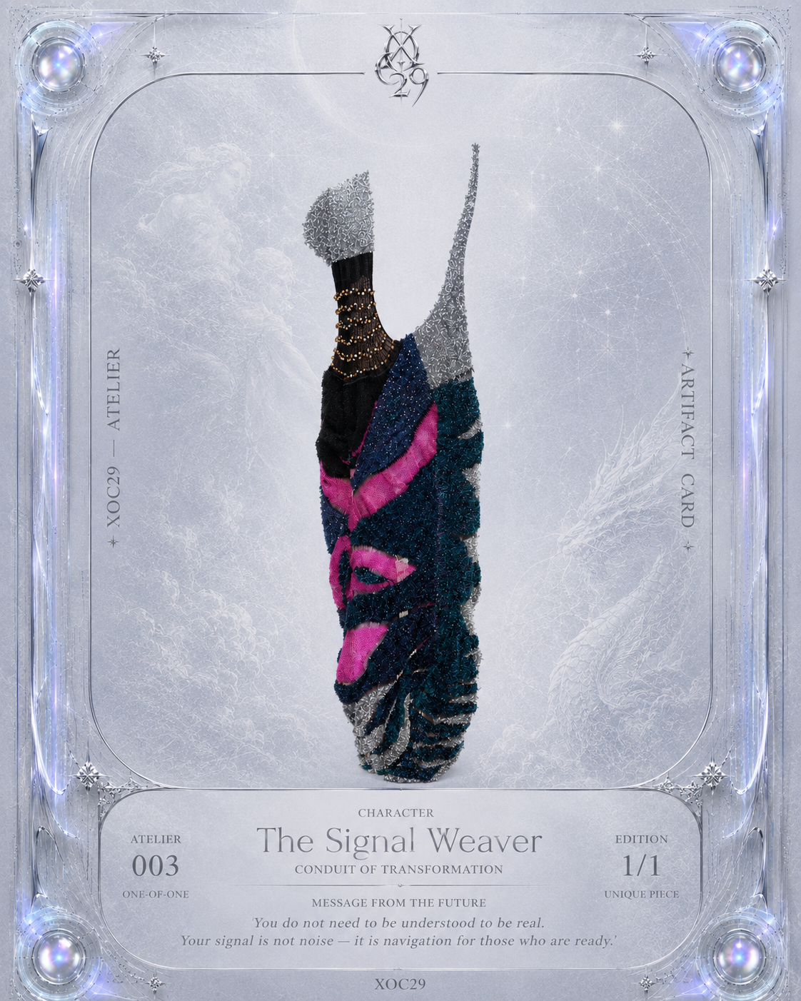 Look 3: Signal Seeker (One-of-One Asymmetric Butterfly-Inspired Hand-Knitted Couture Dress)