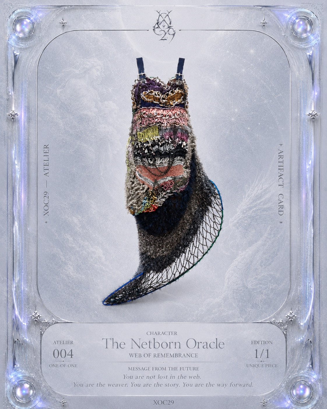 Look 4: Netborn Oracle (One-of-One Hand-Knitted Metal Chain Sculptural Boning Dress)