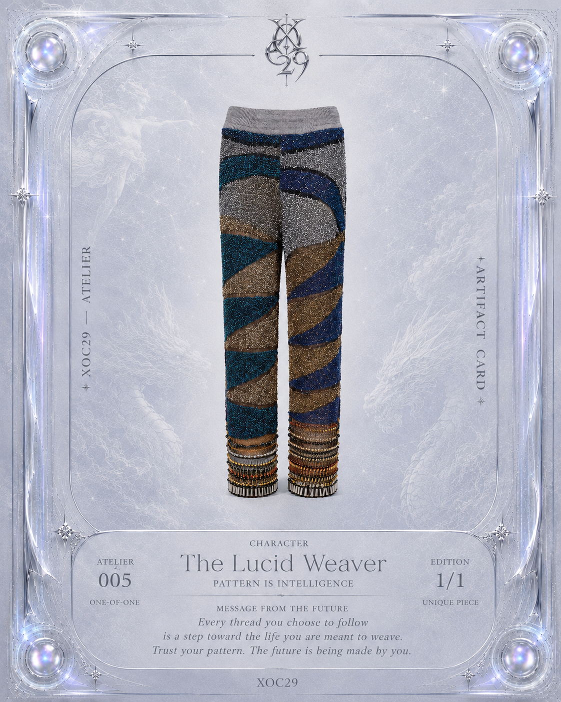 Look 5: Lucid Weaver (Couture Hand-Beaded Geometric Knit Trousers)