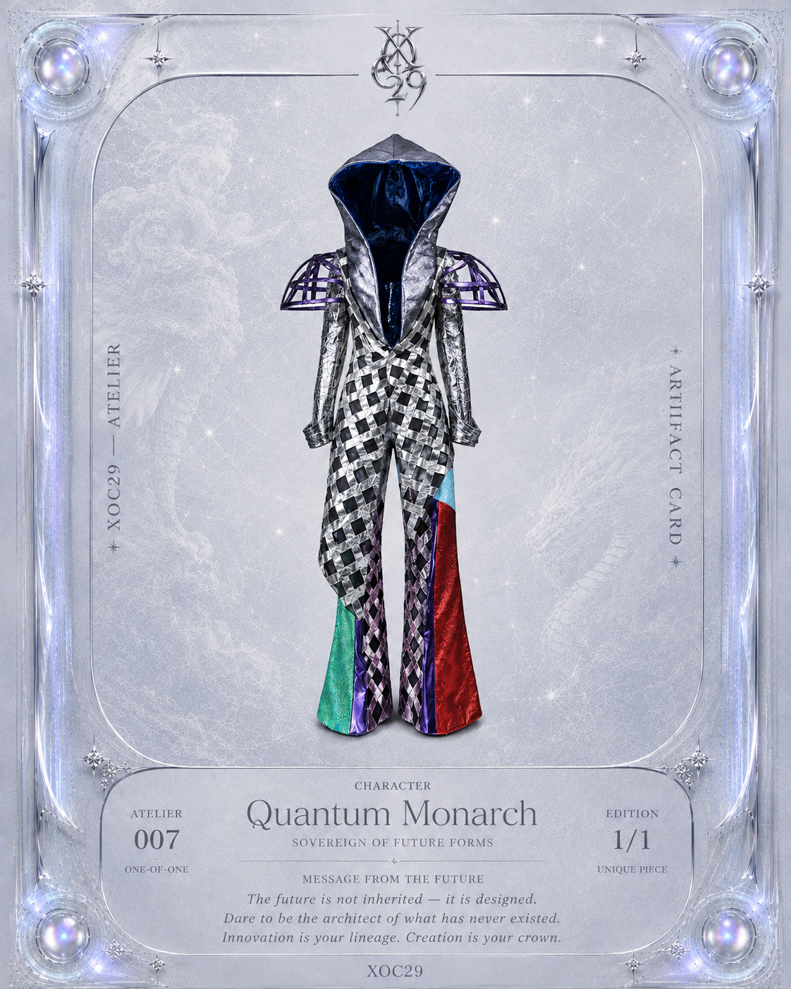 LOOK 7： Quantum Monarch (COSMIC CHEMIRA Metallic Leather Hooded Couture Jacket &amp; Wide Leg Trousers Set)