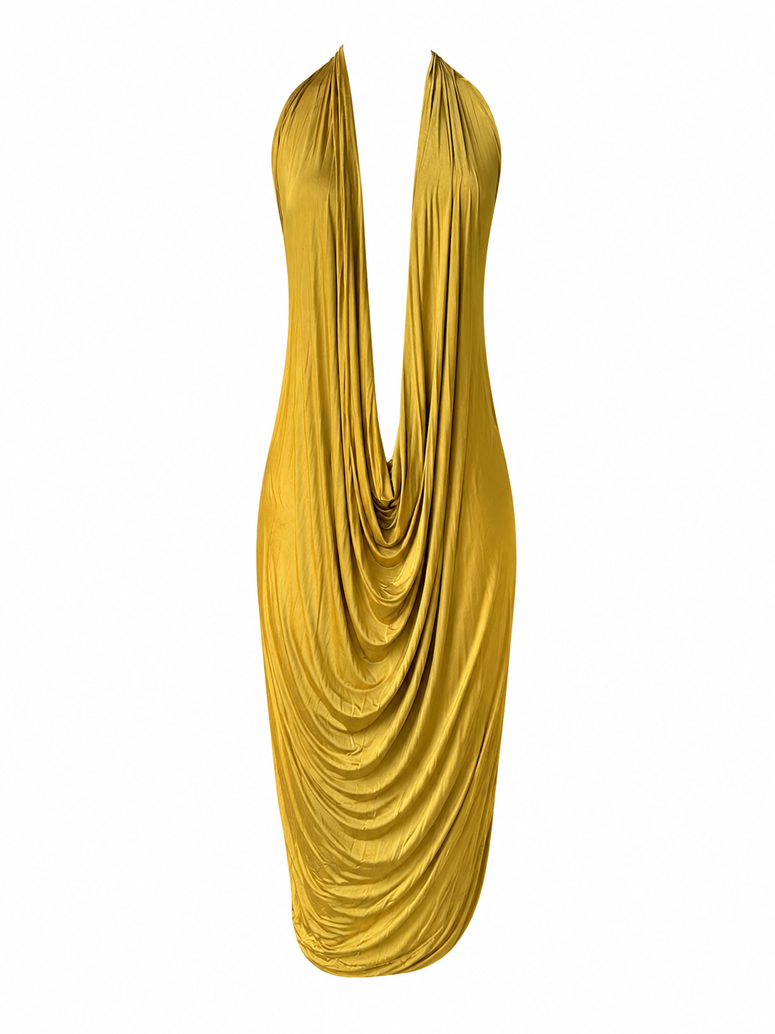 Robe en jersey de soie de luxe drapée jaune + bonnet foulard en jersey vert et cuir de soie