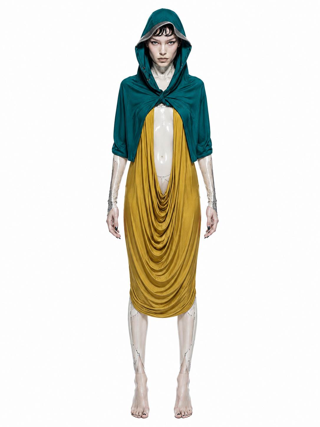 Gold Draped Silk Jersey Dress &amp; Metallic Leather-Edge Hooded Cape Set