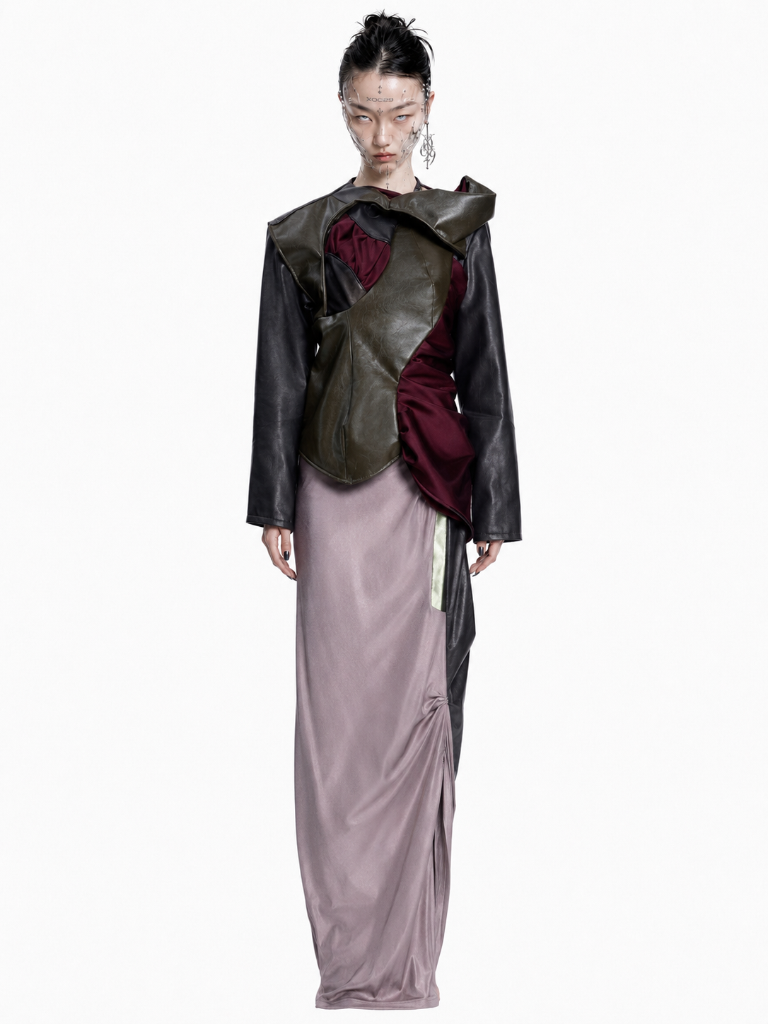 Asymmetric Draped Faux Leather &amp; Satin Sculptural Jacket