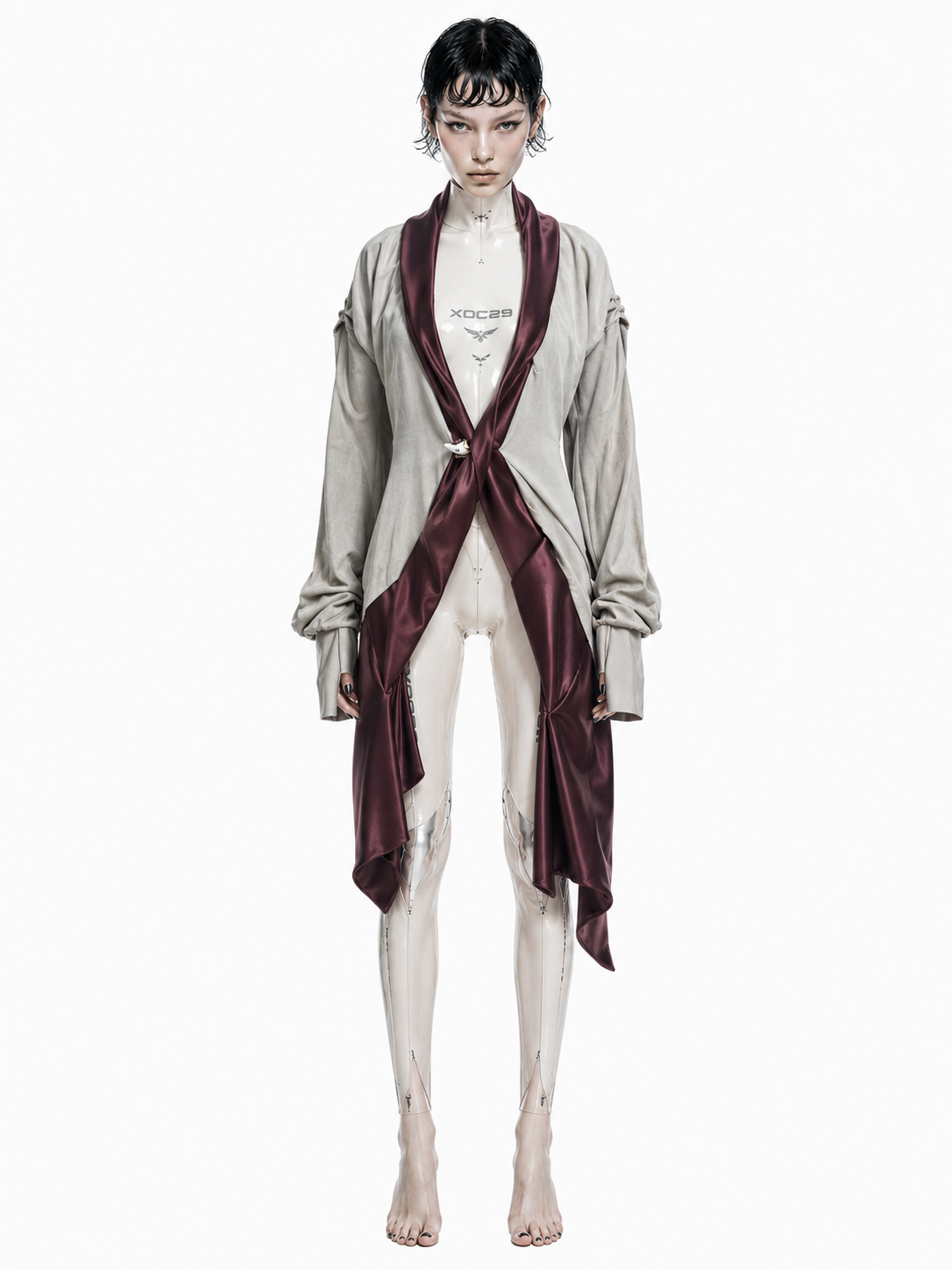 Draped Suede &amp; Satin Asymmetric Long Jacket