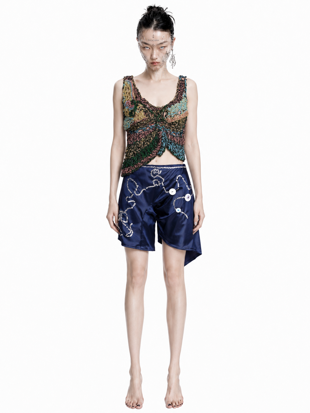 Purple Acetate Satin Sequin Embellished Asymmetric Shorts