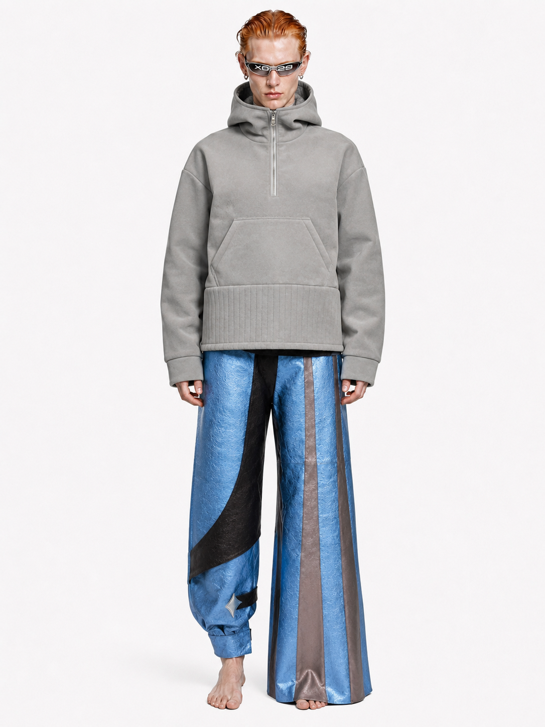 ORION VEIL(MEN) ：Asymmetric Metallic Leather Hybrid Trousers