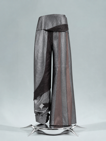 ORION VEIL(WOMEN) ：Asymmetric Metallic Leather Hybrid Trousers