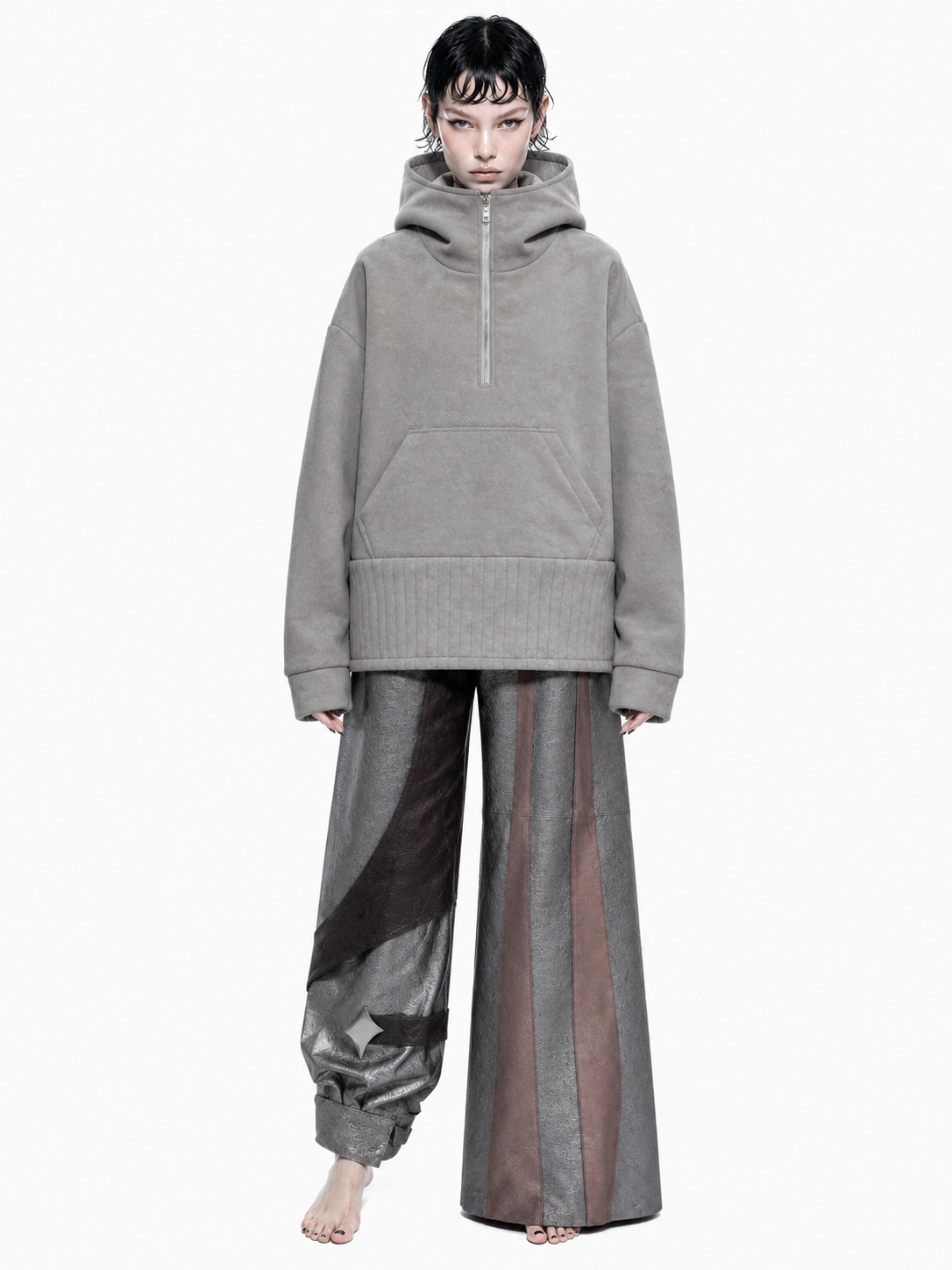 ORION VEIL(WOMEN) ：Asymmetric Metallic Leather Hybrid Trousers
