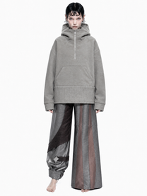 ORION VEIL(WOMEN) ：Asymmetric Metallic Leather Hybrid Trousers
