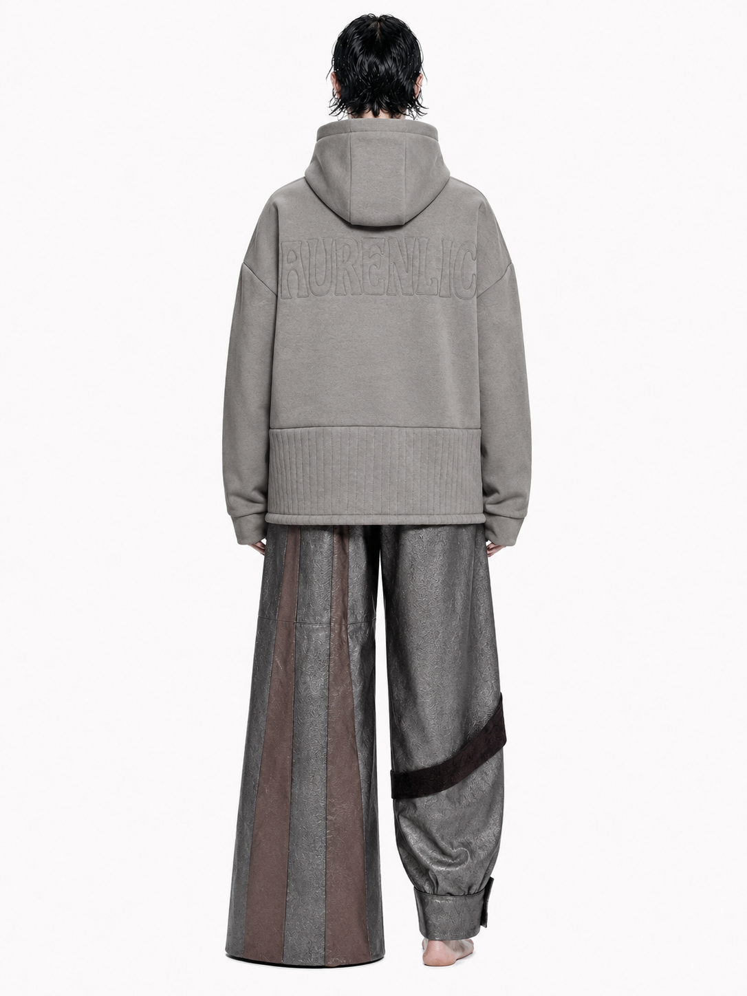 ORION VEIL(WOMEN) ：Asymmetric Metallic Leather Hybrid Trousers