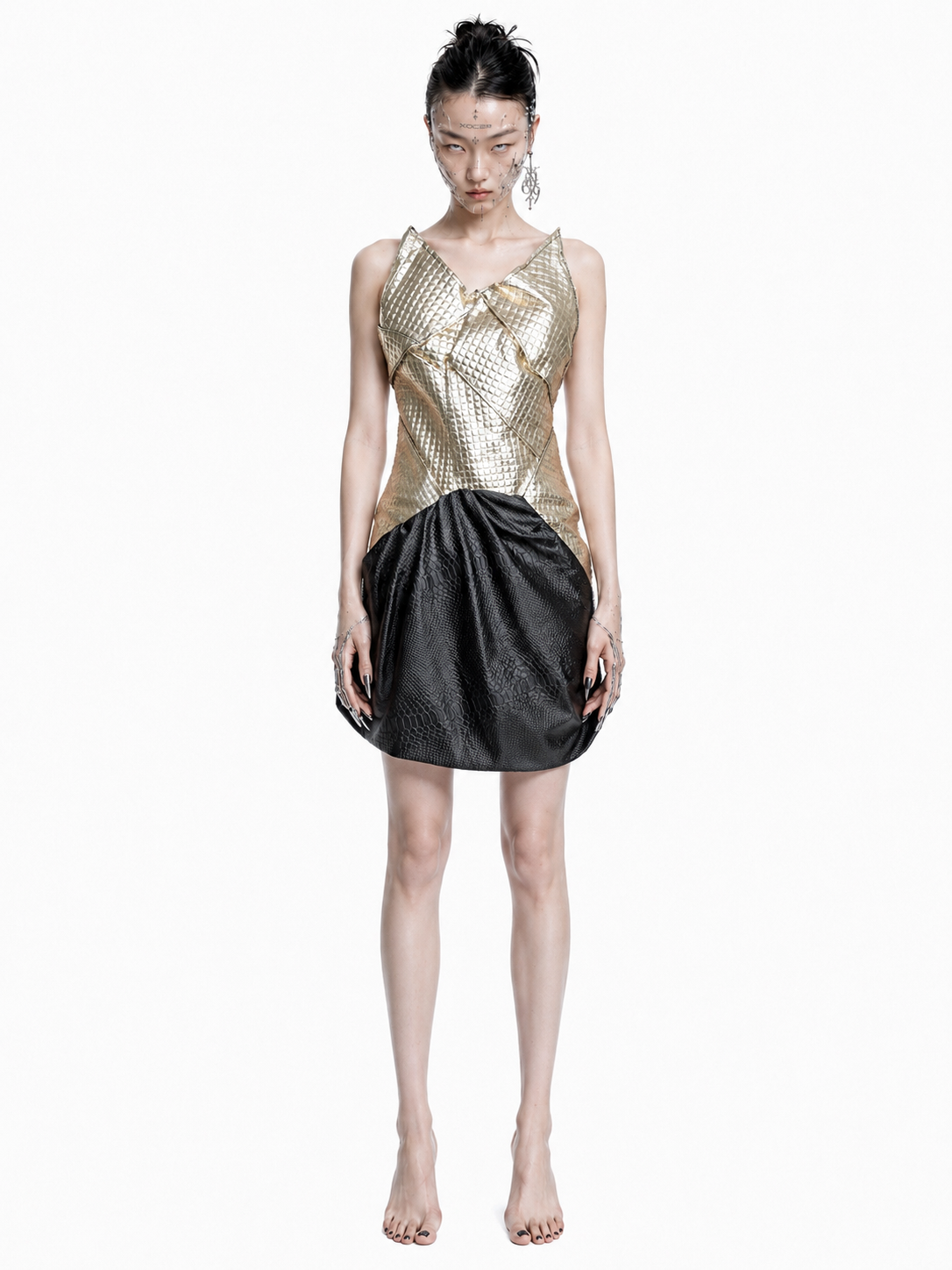 Geometric Metallic Draped Mini Dress