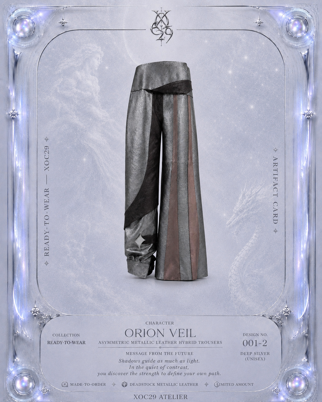 ORION VEIL(WOMEN) ：Asymmetric Metallic Leather Hybrid Trousers