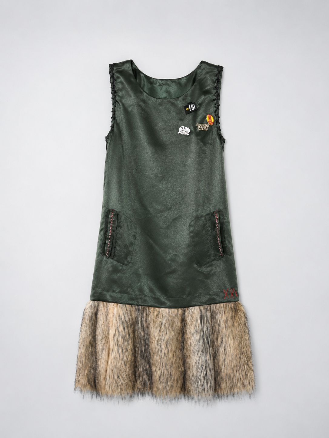 Military Green Satin &amp; Faux Fur Dress
