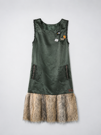 Military Green Satin &amp; Faux Fur Dress