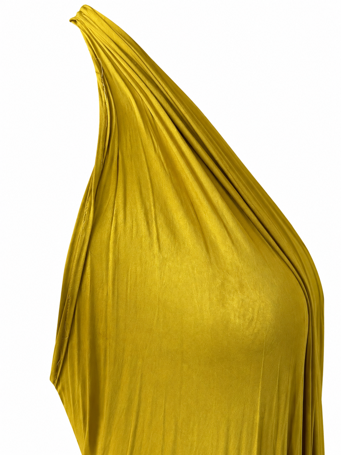 Robe en jersey de soie de luxe drapée jaune + bonnet foulard en jersey vert et cuir de soie