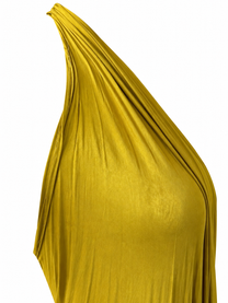Robe en jersey de soie de luxe drapée jaune + bonnet foulard en jersey vert et cuir de soie