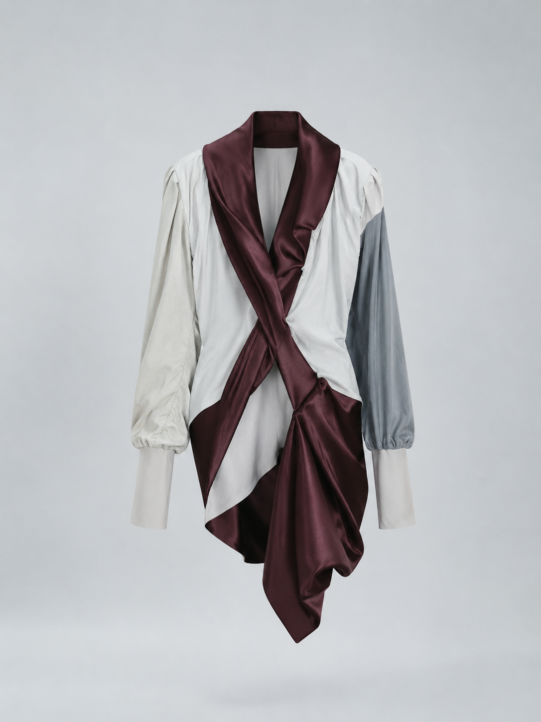 Draped Suede &amp; Satin Asymmetric Long Jacket