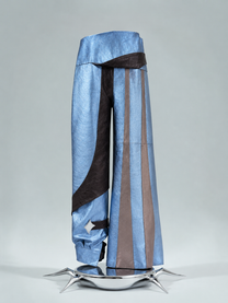 ORION VEIL(MEN) ：Asymmetric Metallic Leather Hybrid Trousers