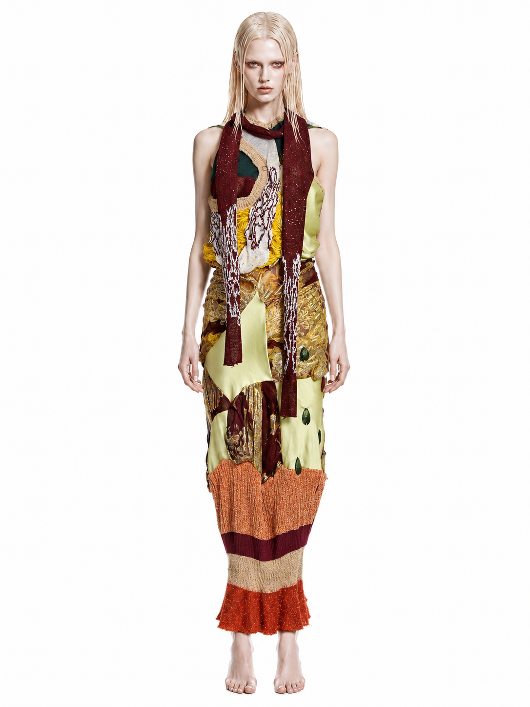 Celestial Bloom Draped Knit-Satin Dress + Matching Scarf