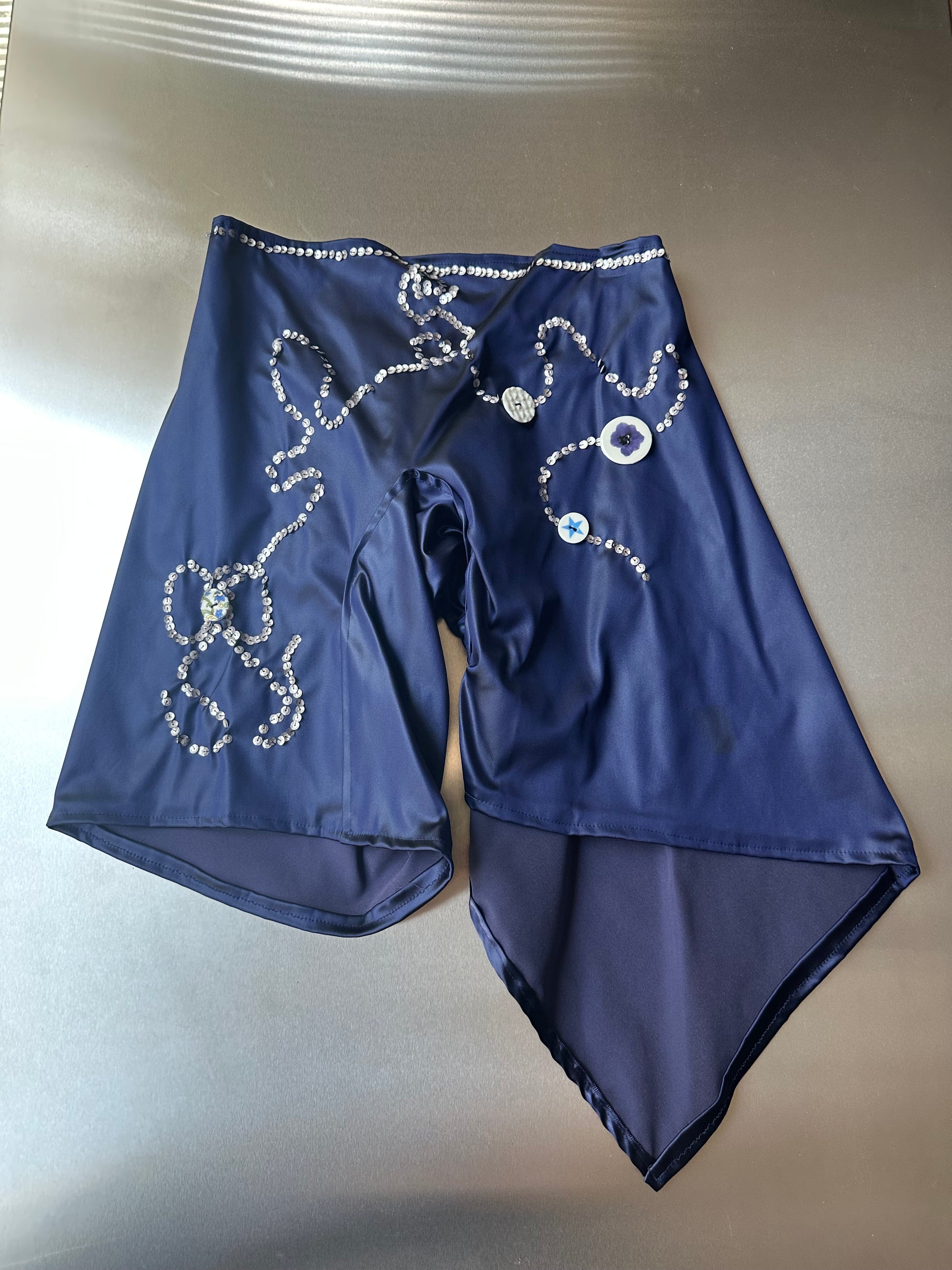 Purple Acetate Satin Sequin Embellished Asymmetric Shorts