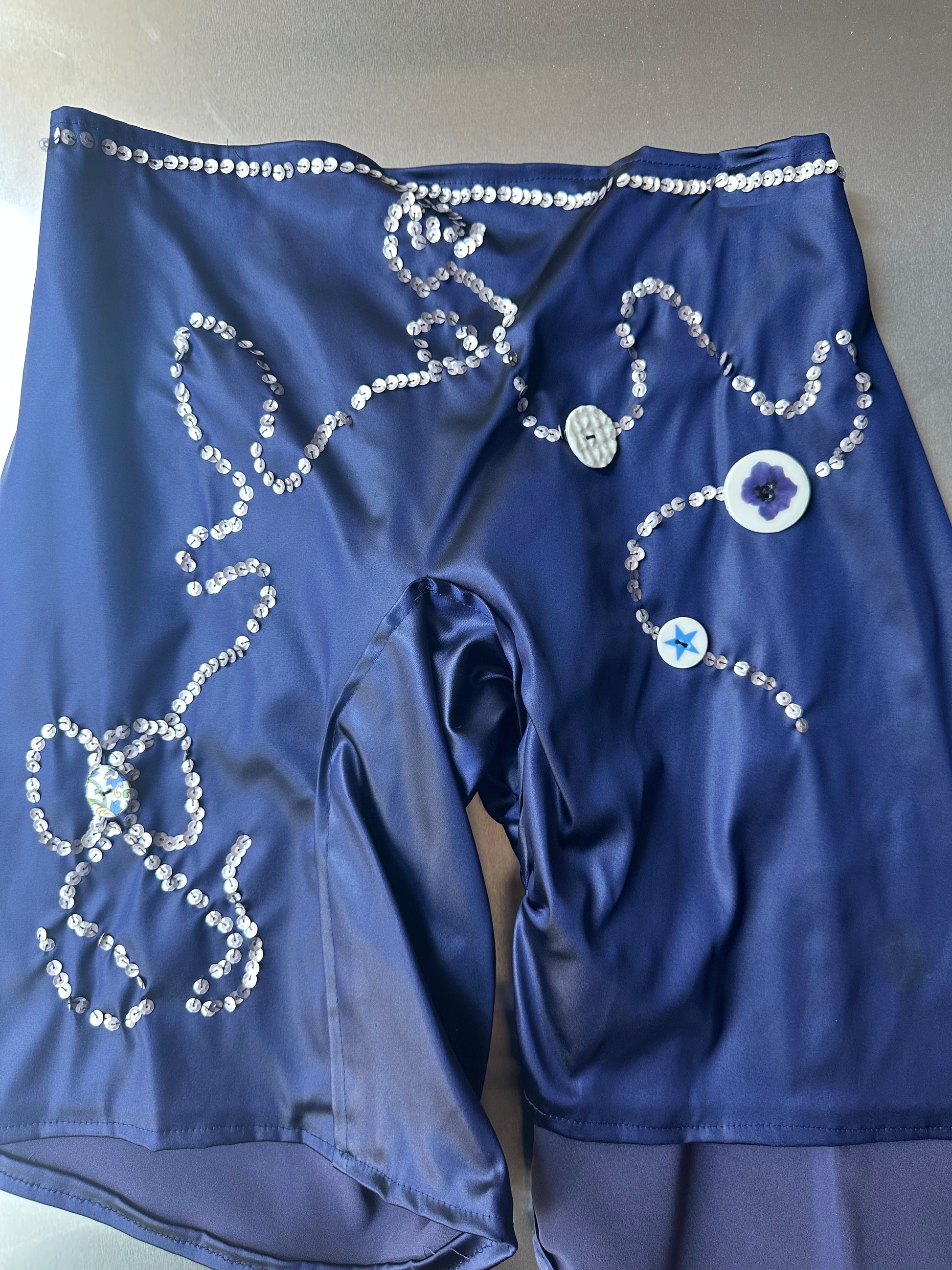 Purple Acetate Satin Sequin Embellished Asymmetric Shorts