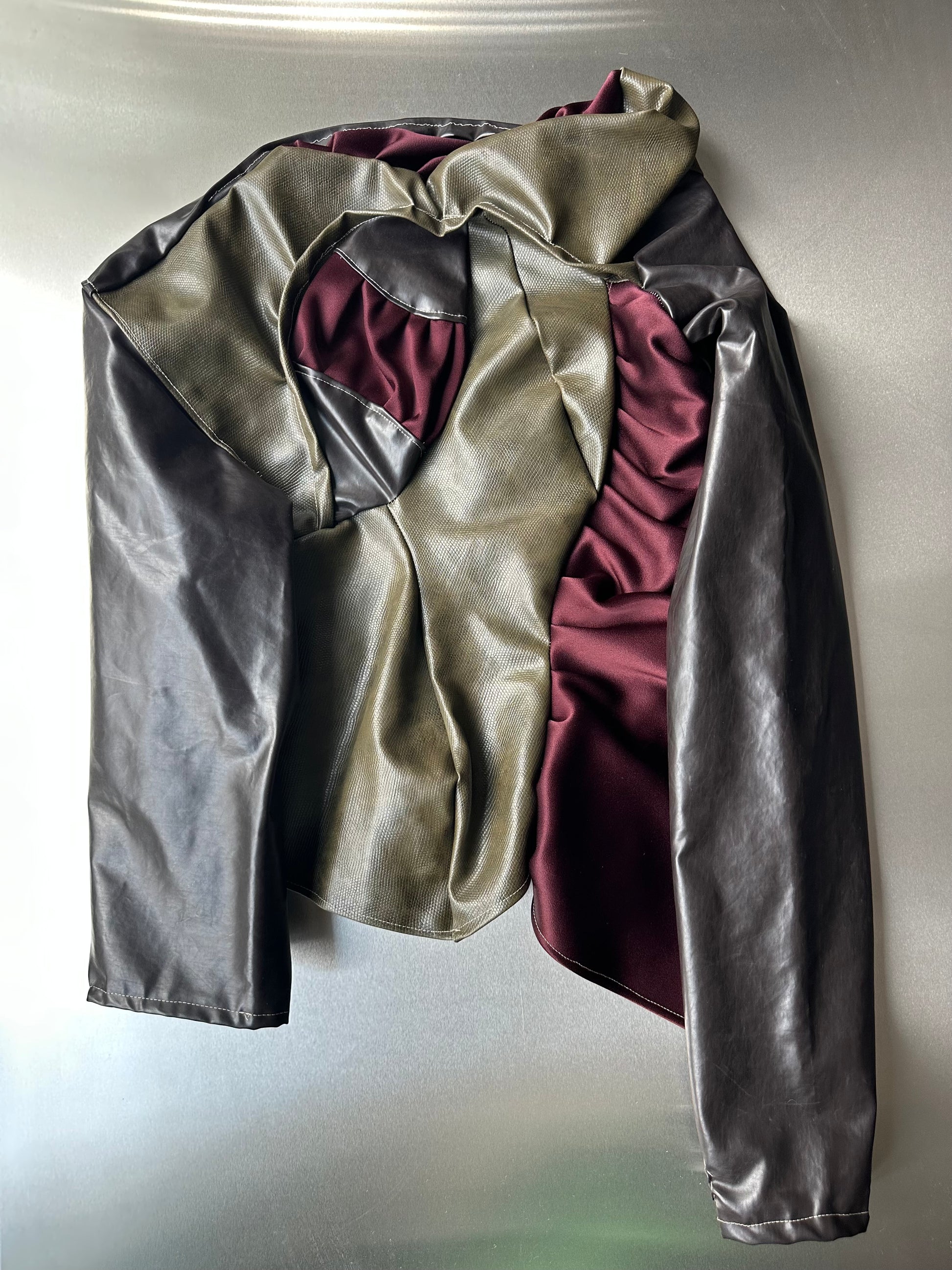 Asymmetric Draped Faux Leather &amp; Satin Sculptural Jacket