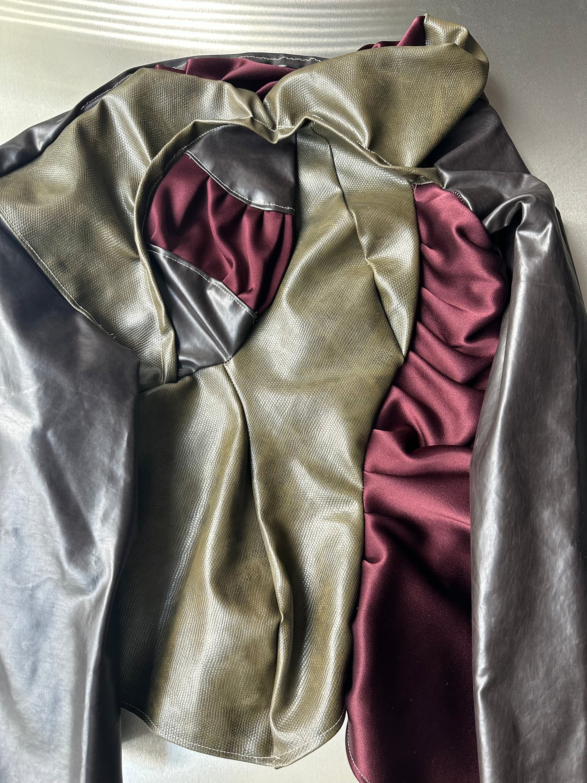 Asymmetric Draped Faux Leather &amp; Satin Sculptural Jacket