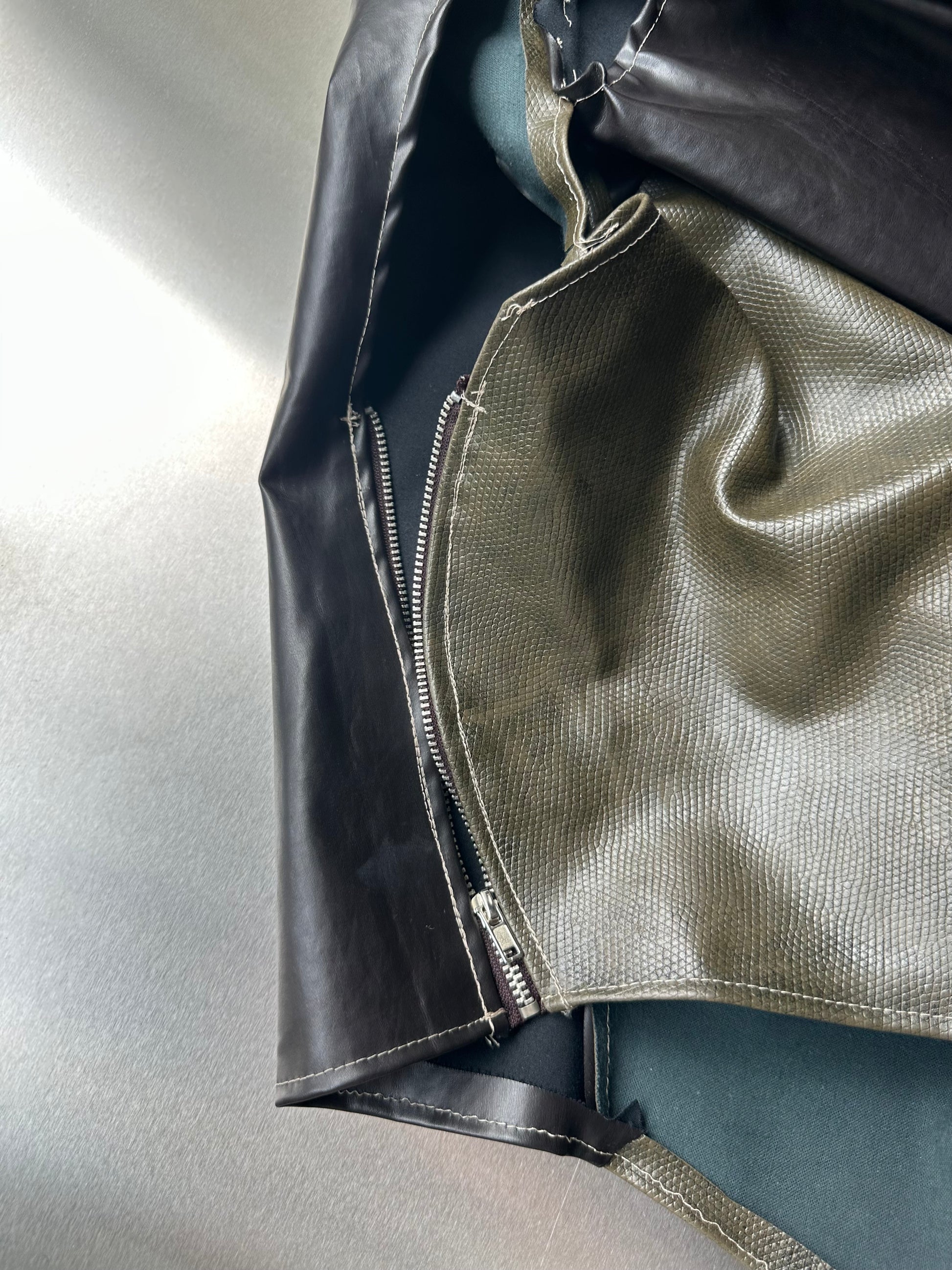 Asymmetric Draped Faux Leather &amp; Satin Sculptural Jacket