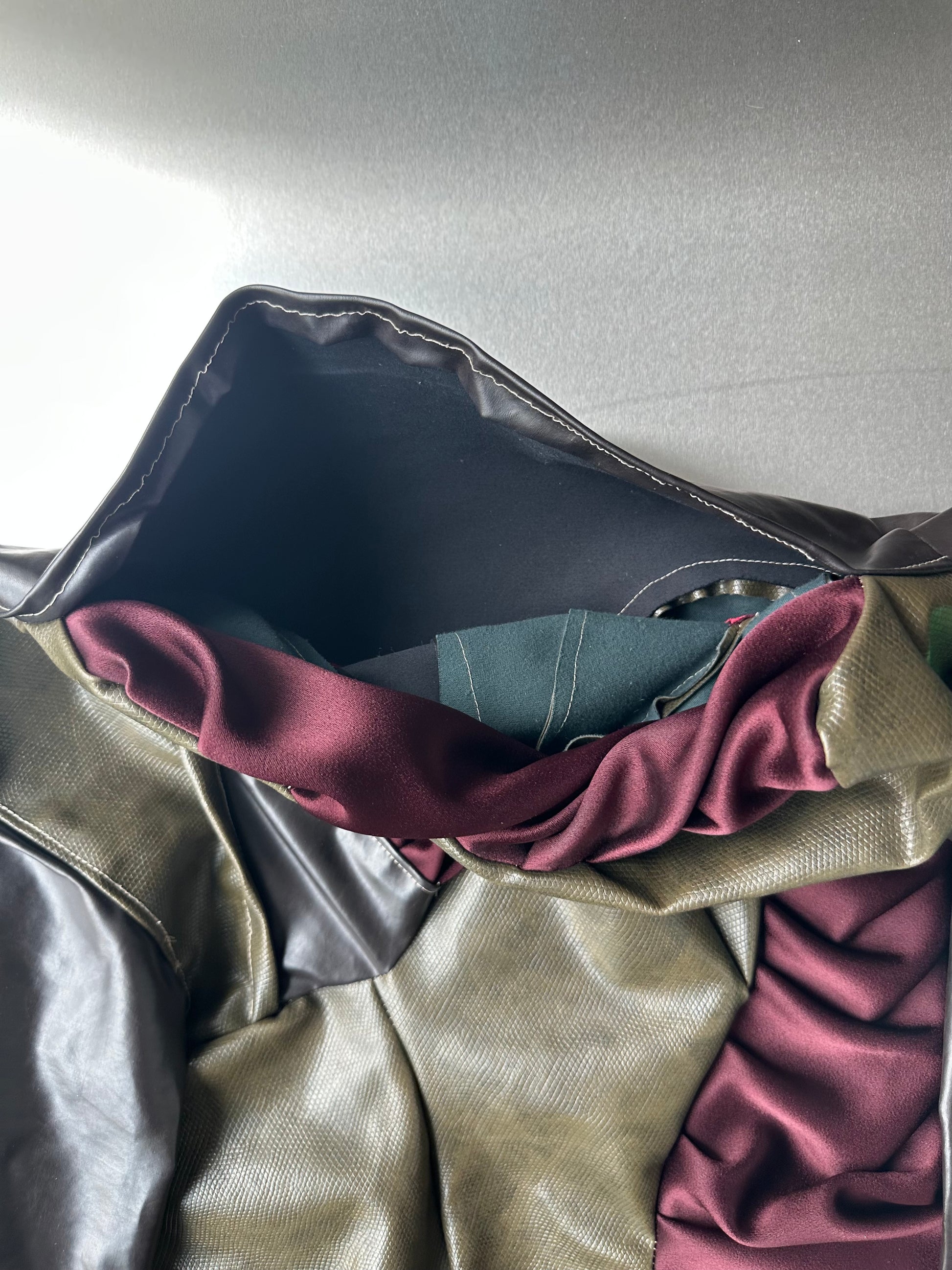 Asymmetric Draped Faux Leather &amp; Satin Sculptural Jacket