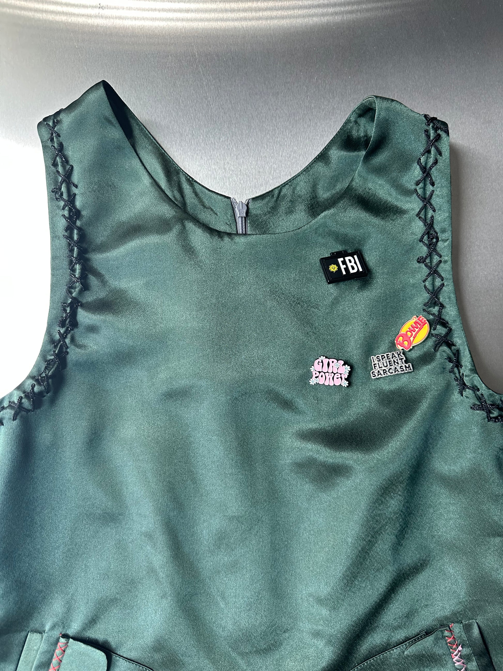 Military Green Satin &amp; Faux Fur Dress